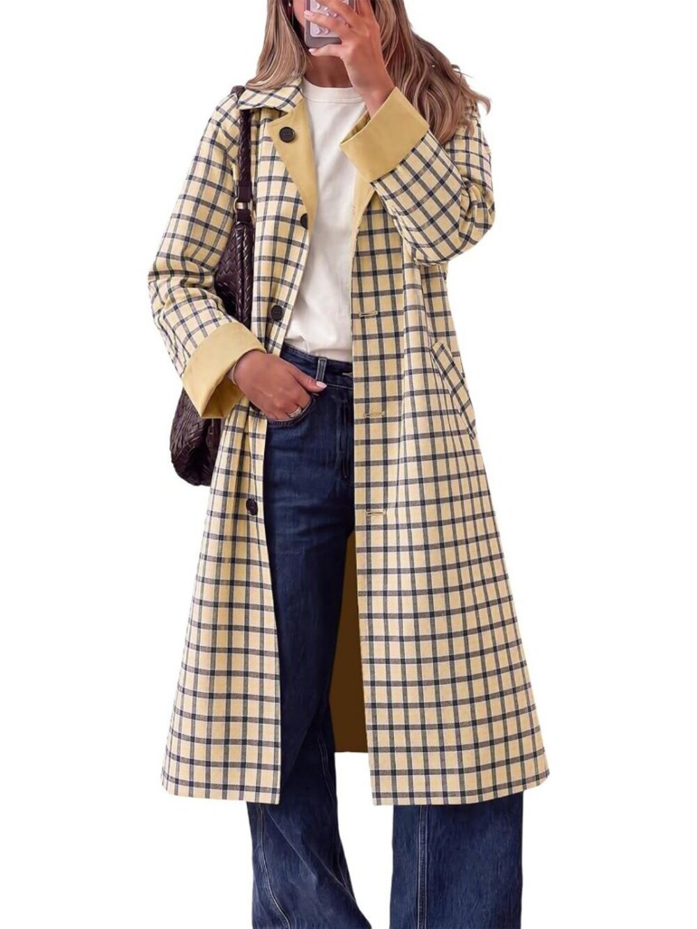 Stylish Women's Long Plaid Trench Coat - Reversible, Windproof Overcoat